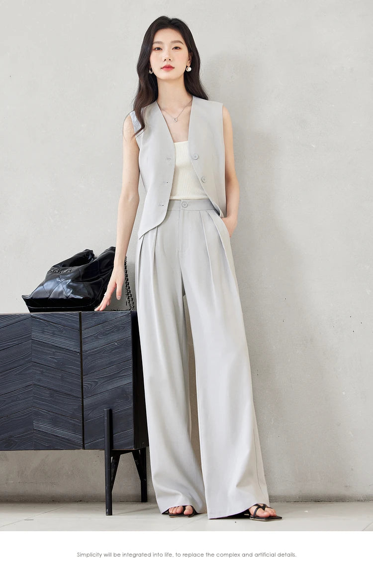 VIMLY Two Piece Office Outfit Woman 2025 Summer Pant Sets Linen Blend Women's Suits V Neck Waistcoat + Wide Leg Long Pants M7357 - Shopfly.co.uk