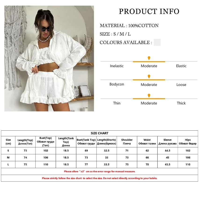 Clacive Fashion Loose White Cotton 3 Piece Sets Women Outfit 2024 Elegant Long Sleevee Shirt With High Waist Shorts Set Female - Shopfly.co.uk