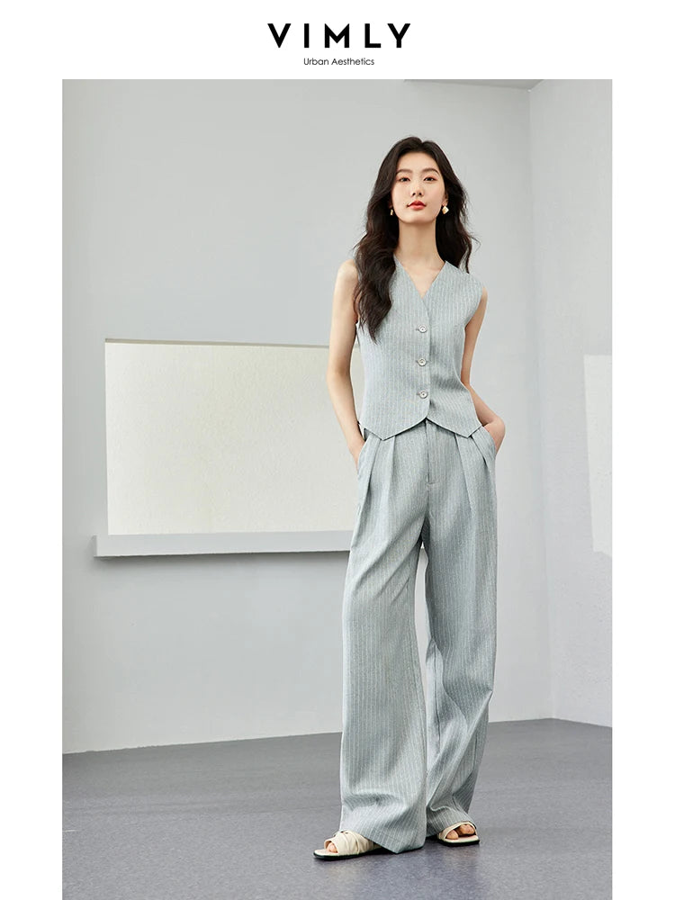 VIMLY Two Piece Office Outfit Woman 2025 Summer Pant Sets Linen Blend Women's Suits V Neck Waistcoat + Wide Leg Long Pants M7357 - Shopfly.co.uk