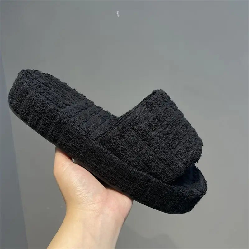 women Luxury brands slippers one-word thick-soled warm furry women shoes embossed cotton drag outdoor all-match casual slippers - Shopfly.co.uk