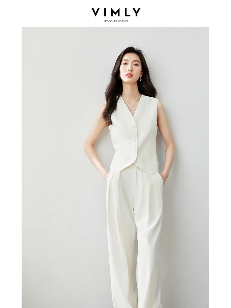 VIMLY Two Piece Office Outfit Woman 2025 Summer Pant Sets Linen Blend Women's Suits V Neck Waistcoat + Wide Leg Long Pants M7357 - Shopfly.co.uk