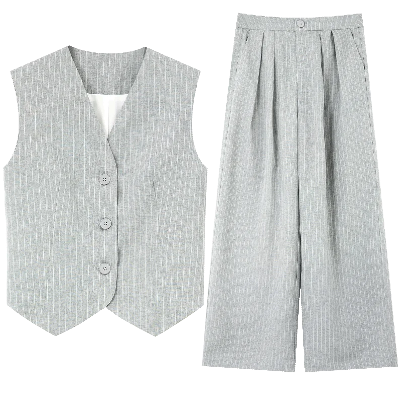 VIMLY Two Piece Office Outfit Woman 2025 Summer Pant Sets Linen Blend Women's Suits V Neck Waistcoat + Wide Leg Long Pants M7357 - Shopfly.co.uk