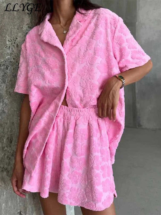 Casual 3d Flower Shirt Shorts Sets Women Pink Lapel Buttons Blouse Elastic Wide Leg Short Pants 2025 Summer Lady Vacation Outfit - Shopfly.co.uk