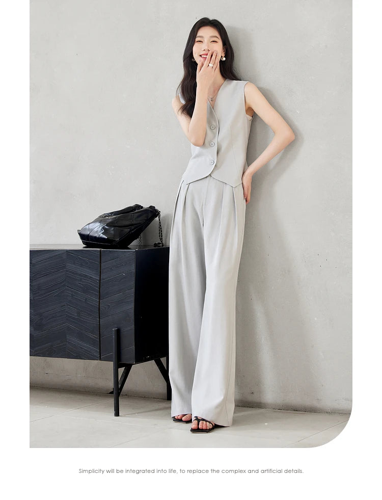 VIMLY Two Piece Office Outfit Woman 2025 Summer Pant Sets Linen Blend Women's Suits V Neck Waistcoat + Wide Leg Long Pants M7357 - Shopfly.co.uk