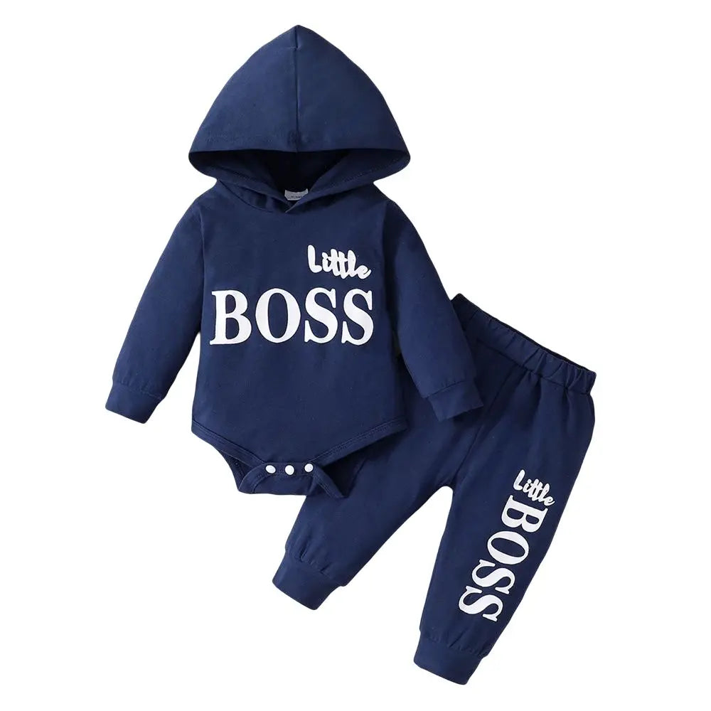 0-2 Years Newborn Baby Boy Hooded Suit 2Pcs Set Long Sleeve Letter Bodysuit+Pants Toddler Boy Autumn Sport Style Sweatsuit - Shopfly.co.uk