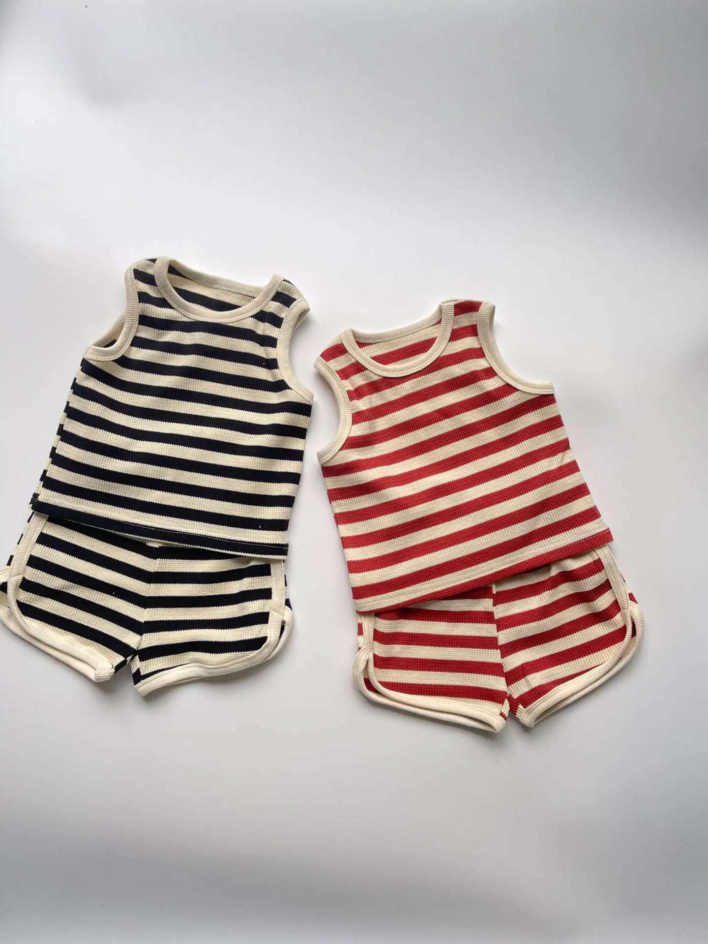 2025 Summer New Baby Sleeveless Clothes Set Infant Boy Girl Vest + Shorts 2pcs Suit Toddler Waffle Striped Breathable Outfits - Shopfly.co.uk