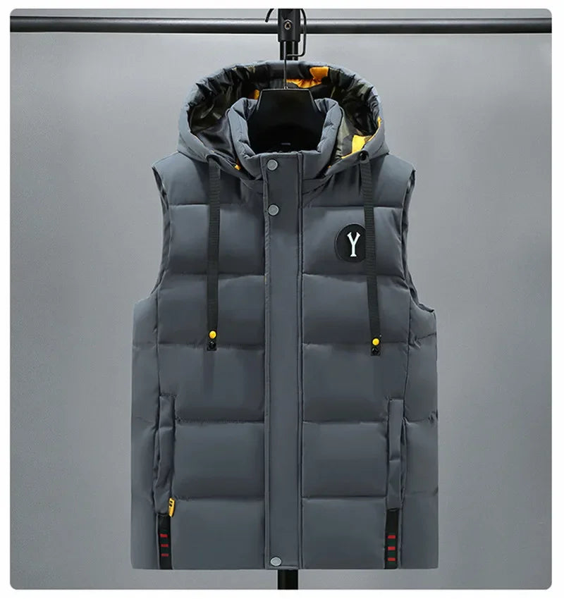 Vest for Men Cotton Warm Sleeveless Coat Hat Detachable Padded Winter Waistcoat Work Wear Male High Quality Clothes 5XL - Shopfly.co.uk