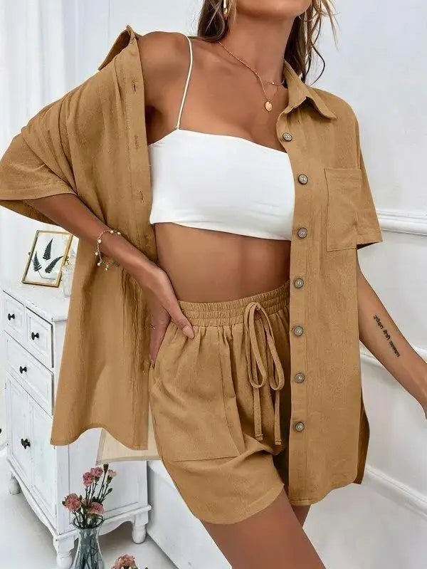 Solid Color Single Breasted Top Casual Loose Short Pants Sets Women Summer Women's 2 Pieces Suit Full Set Female Outfit Clothes - Shopfly.co.uk