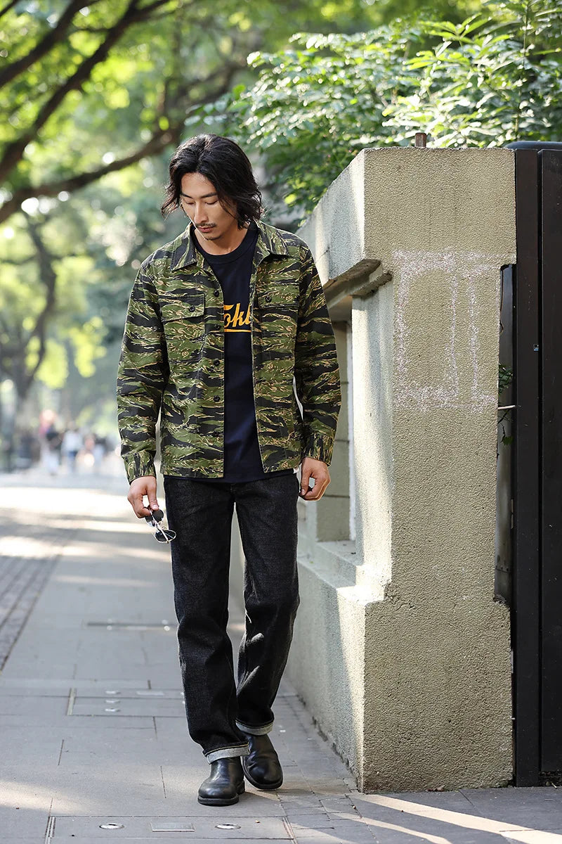 2025 Spring Men's Tiger Stripe Camo Camouflage Cargo Shirt Fashion Work Engineer Long Sleeved Shirt Jacket With Double Pockets - Shopfly.co.uk