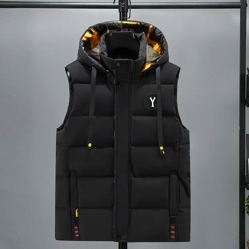 Vest for Men Cotton Warm Sleeveless Coat Hat Detachable Padded Winter Waistcoat Work Wear Male High Quality Clothes 5XL - Shopfly.co.uk