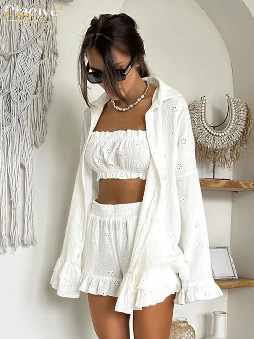 Clacive Fashion Loose White Cotton 3 Piece Sets Women Outfit 2024 Elegant Long Sleevee Shirt With High Waist Shorts Set Female - Shopfly.co.uk