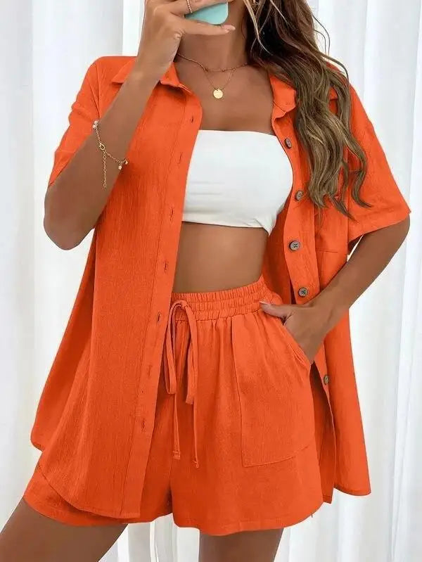 Solid Color Single Breasted Top Casual Loose Short Pants Sets Women Summer Women's 2 Pieces Suit Full Set Female Outfit Clothes - Shopfly.co.uk