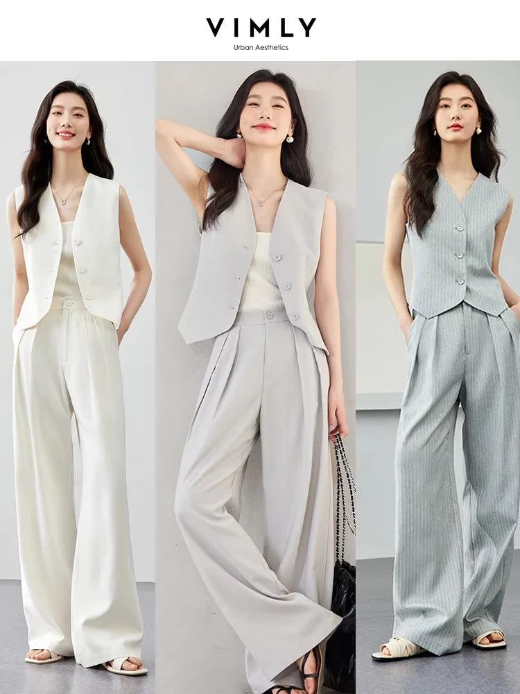 VIMLY Two Piece Office Outfit Woman 2025 Summer Pant Sets Linen Blend Women's Suits V Neck Waistcoat + Wide Leg Long Pants M7357 - Shopfly.co.uk