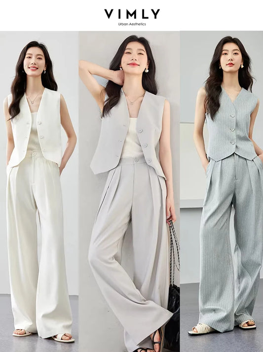 VIMLY Two Piece Office Outfit Woman 2025 Summer Pant Sets Linen Blend Women's Suits V Neck Waistcoat + Wide Leg Long Pants M7357 - Shopfly.co.uk