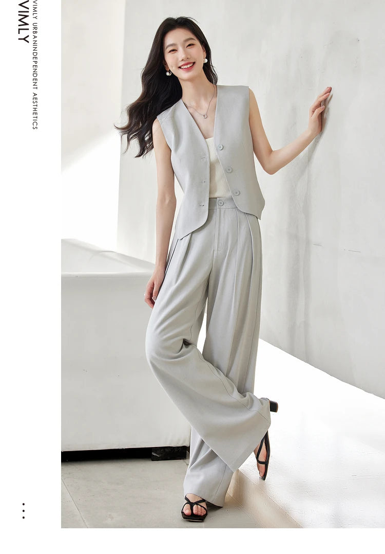 VIMLY Two Piece Office Outfit Woman 2025 Summer Pant Sets Linen Blend Women's Suits V Neck Waistcoat + Wide Leg Long Pants M7357 - Shopfly.co.uk