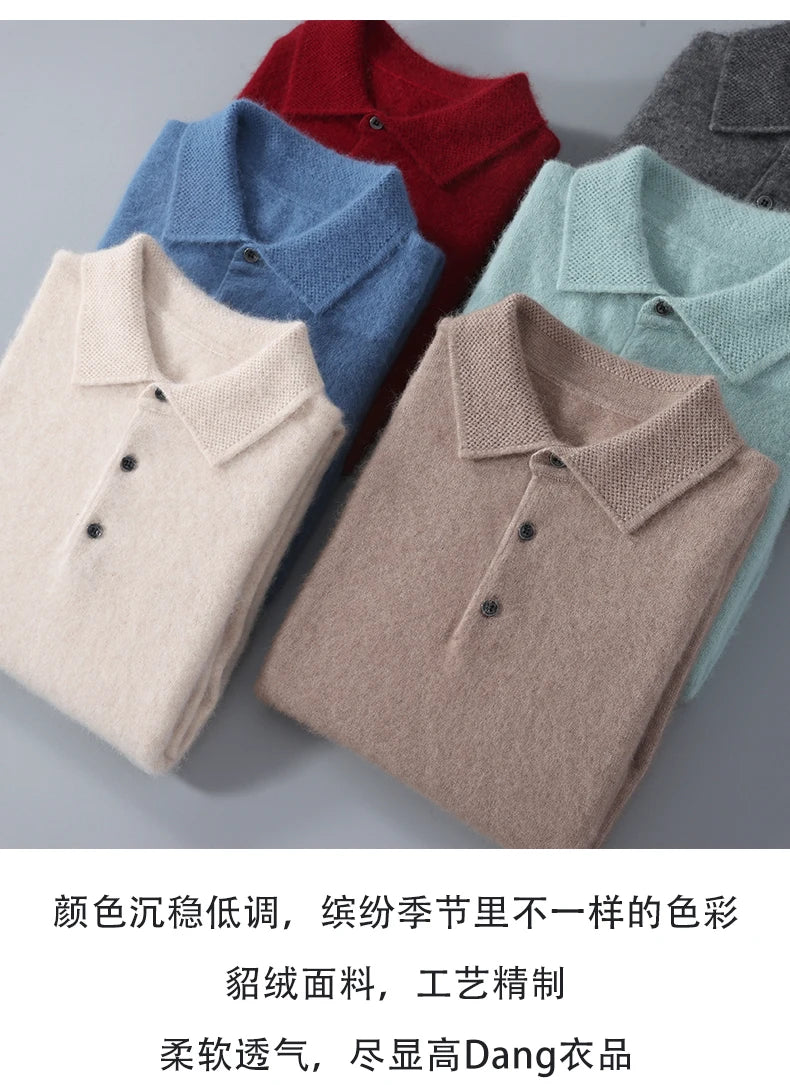 Pullover Men's Sweater Polo Neck 100% Mink Cashmere Knitted Sweater Casual Loose Large Size Long Sleeve 23 Winter Korean Version - Shopfly.co.uk