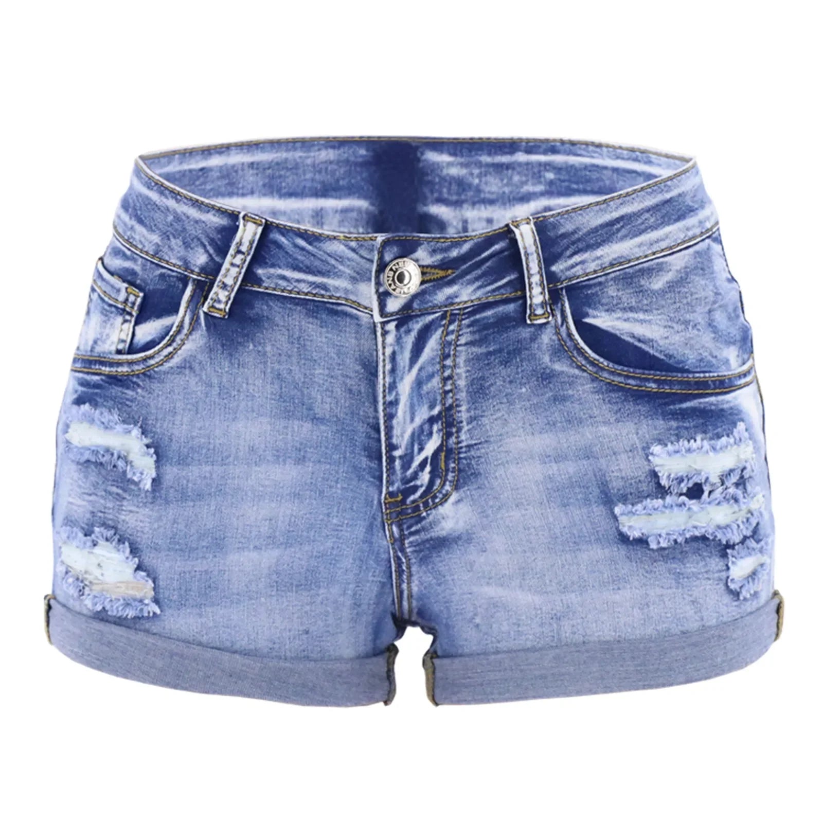Women's Split Denim Shorts Summer Beach Wild Fashion Sexy Mid Waist Curled Cuff Perforated Elastic Slim Fit Casual Shorts - Shopfly.co.uk