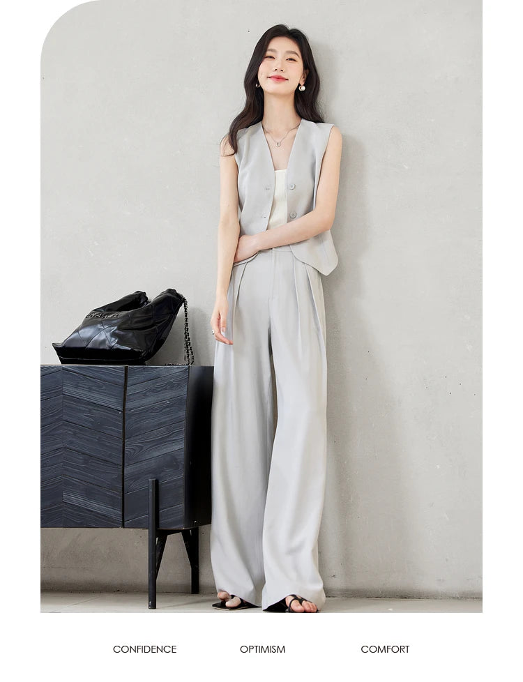 VIMLY Two Piece Office Outfit Woman 2025 Summer Pant Sets Linen Blend Women's Suits V Neck Waistcoat + Wide Leg Long Pants M7357 - Shopfly.co.uk
