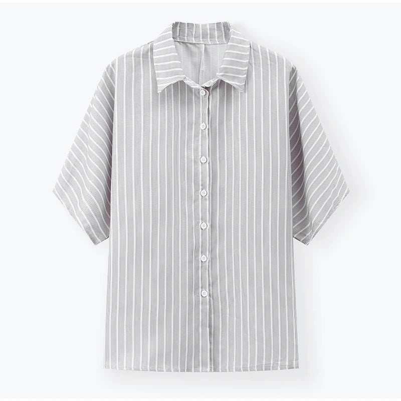 Gray Casual Loose Shorts Set Women Long Sleeve Single Breasted Shirt Elastic Waist Shorts Suit Summer Lady Daily Holiday Outfit - Shopfly.co.uk