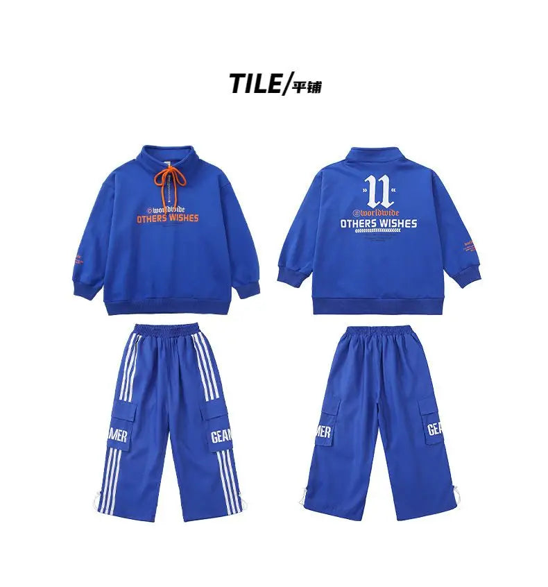 Boys Hip Hop Pullover Street Dance Cargo Pants Girls High Collar Sweatshirt Outfits Kids Jazz Sport Clothes Set Child Streetwear - Shopfly.co.uk