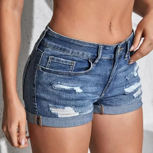 Women's Split Denim Shorts Summer Beach Wild Fashion Sexy Mid Waist Curled Cuff Perforated Elastic Slim Fit Casual Shorts - Shopfly.co.uk