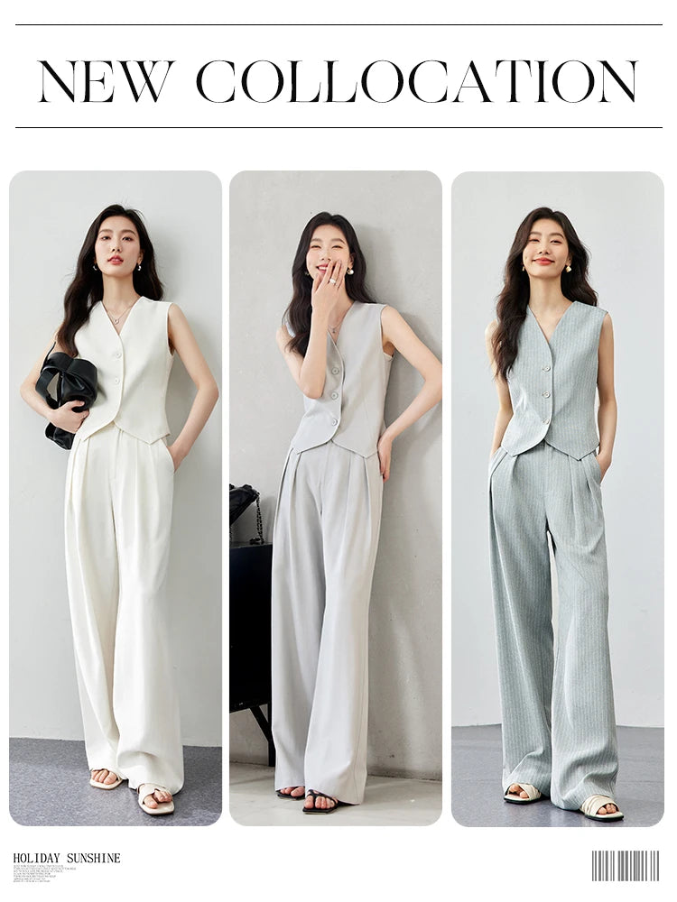 VIMLY Two Piece Office Outfit Woman 2025 Summer Pant Sets Linen Blend Women's Suits V Neck Waistcoat + Wide Leg Long Pants M7357 - Shopfly.co.uk