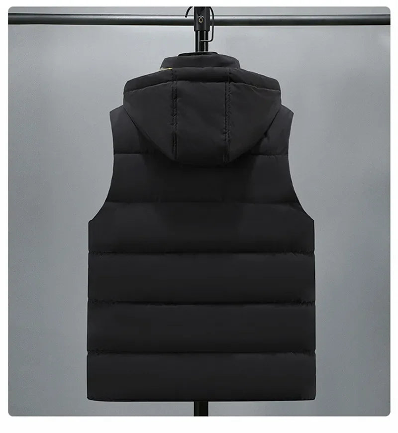 Vest for Men Cotton Warm Sleeveless Coat Hat Detachable Padded Winter Waistcoat Work Wear Male High Quality Clothes 5XL - Shopfly.co.uk
