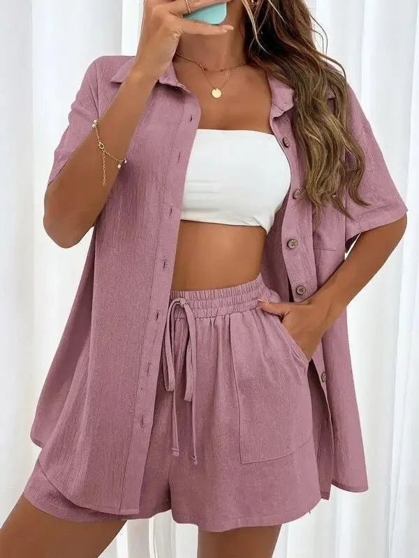 Solid Color Single Breasted Top Casual Loose Short Pants Sets Women Summer Women's 2 Pieces Suit Full Set Female Outfit Clothes - Shopfly.co.uk