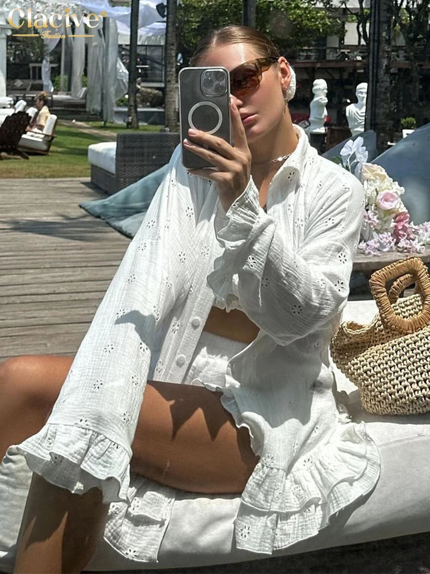 Clacive Fashion Loose White Cotton 3 Piece Sets Women Outfit 2024 Elegant Long Sleevee Shirt With High Waist Shorts Set Female - Shopfly.co.uk