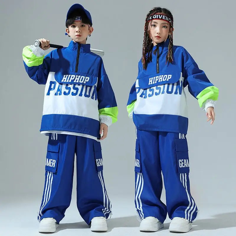 Boys Hip Hop Pullover Street Dance Cargo Pants Girls High Collar Sweatshirt Outfits Kids Jazz Sport Clothes Set Child Streetwear - Shopfly.co.uk