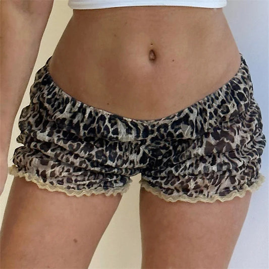 Retro Y2K Women Kawaii Leopard Printed Shorts Ruffle Vintage Cottage Shorts Elastic Slim Fit Bloomers Pants Fashion Streetwear - Shopfly.co.uk