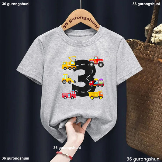 Kids Clothes  3th Birthday Gift For Girls/Boys Tshirt Digging Machine Tractor Car Print T Shirt White /Blue/Yellow/Gray T-Shirt