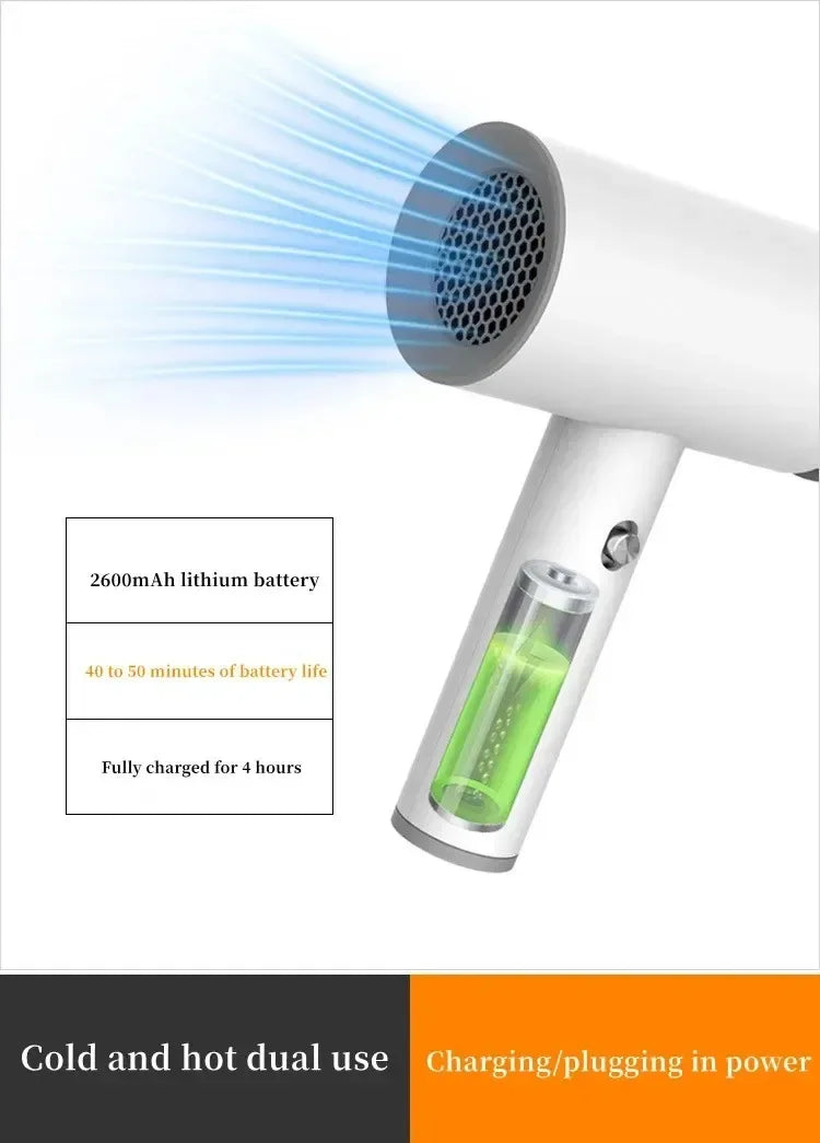 Portable Cordless Hair Dryer Fast Dry Hair Lithium Battery Rechargeable Blow Dryer Strong Wind Travel/Outdoor Plug in Hot Air - Shopfly.co.uk