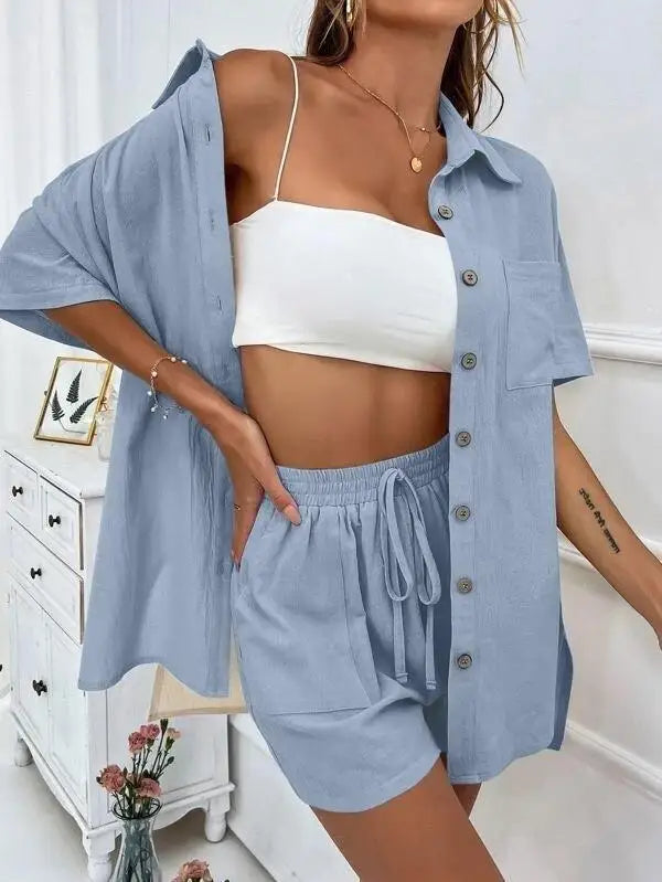 Solid Color Single Breasted Top Casual Loose Short Pants Sets Women Summer Women's 2 Pieces Suit Full Set Female Outfit Clothes - Shopfly.co.uk