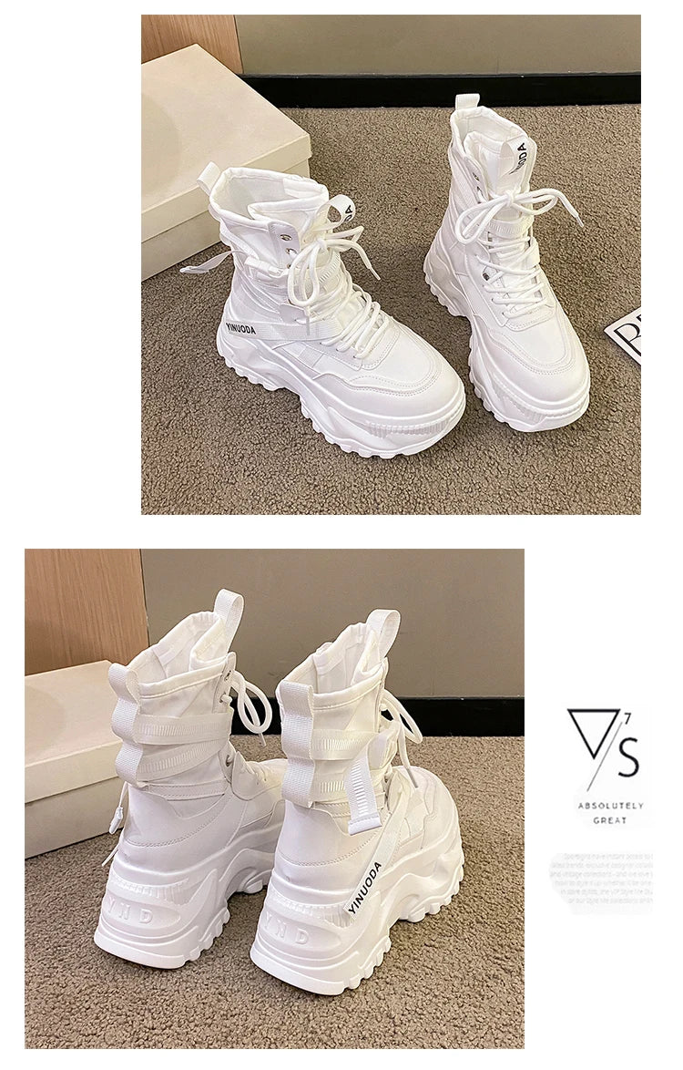 Women Ankle Boots Autumn Leather Chunky Shoes Woman High Platform Breathable Sneakers 8CM Thick Sole Wedges Motorcycles Boots - Shopfly.co.uk