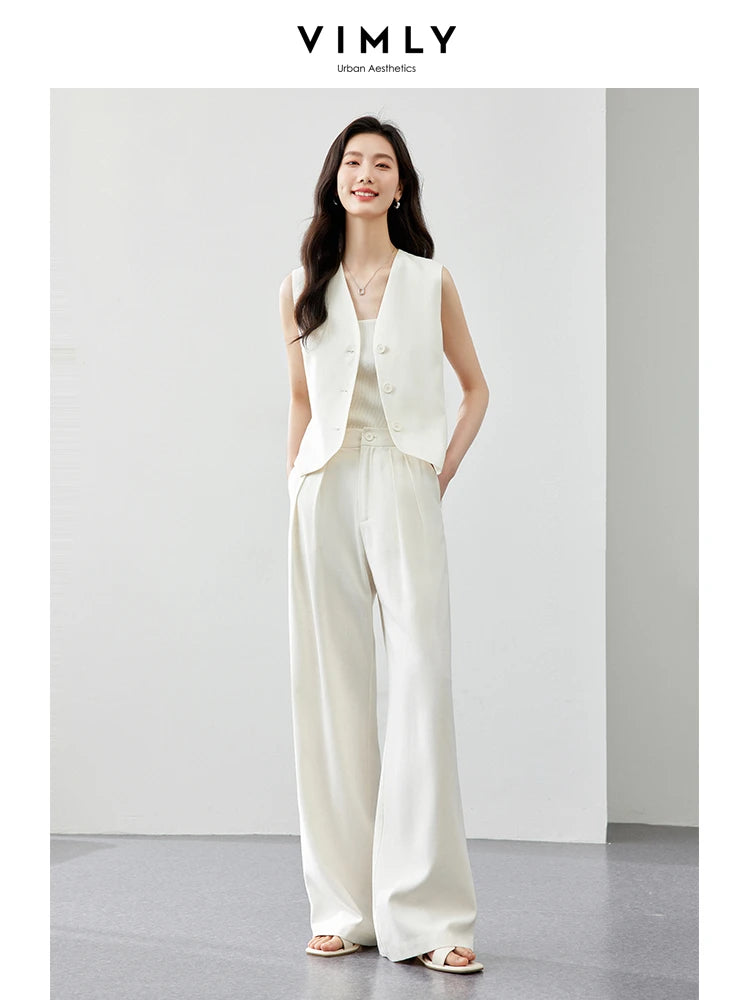 VIMLY Two Piece Office Outfit Woman 2025 Summer Pant Sets Linen Blend Women's Suits V Neck Waistcoat + Wide Leg Long Pants M7357 - Shopfly.co.uk